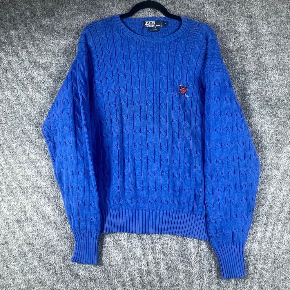 Vintage Polo Ralph Lauren Sweater Mens M Blue Cable Knit Golf Crest 80s Cotton
